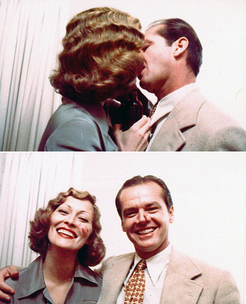 Faye Dunaway and Jack Nicholson practicing the kiss scene in Chinatown.