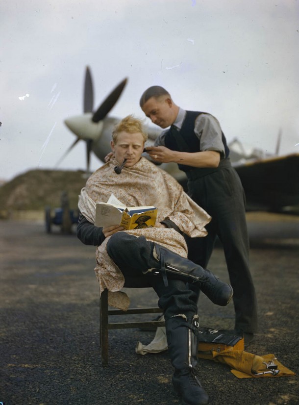 RAF Pilot getting his haircut.