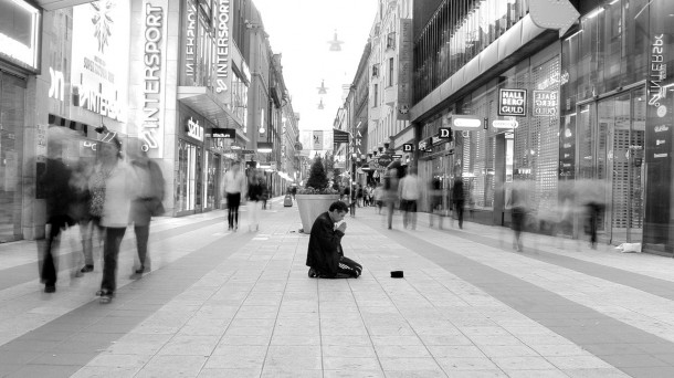 A man begging in Stockholm.