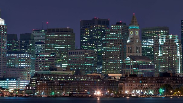 Boston, Massachusetts skyline at night.