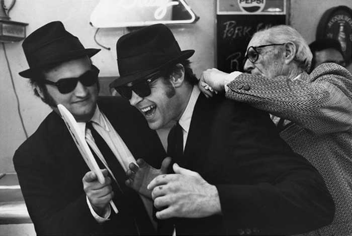 John Belushi and Dan Aykroyd on the set of The Blues Brothers.